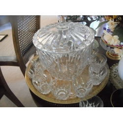 Covered Lead Crystal  Punch Bowl and 10 Glasses